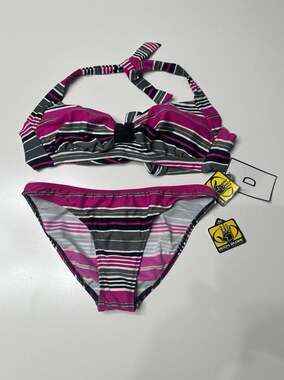 Body Glove NWT Striped  Halter Bikini Set Wild Berry Gray Black
